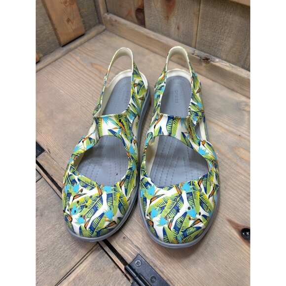 CROCS Iconic Comfort Swiftwater Wave Graphic Green Tropical Flats W9 US9 204770 - Picture 3 of 8